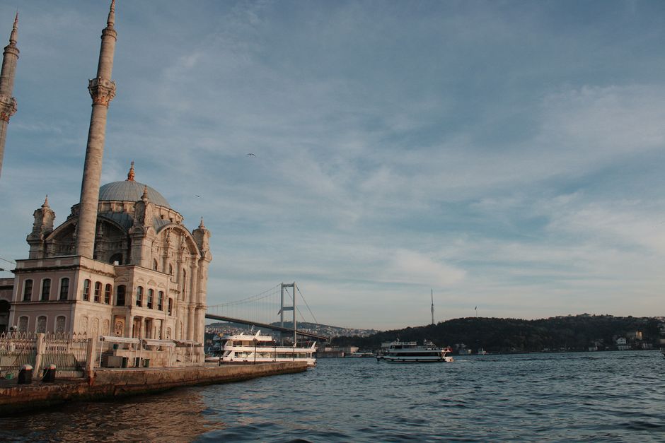 Ortakoy Mosque and boats on the Bosphorus, Istanbul