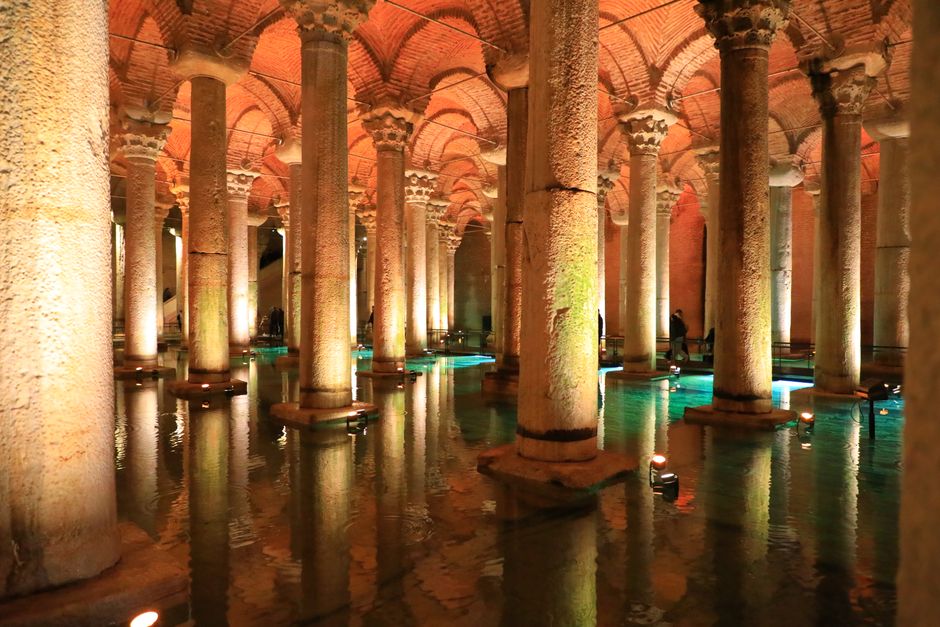 Illuminated columns of the Basilica Cistern, Istanbul