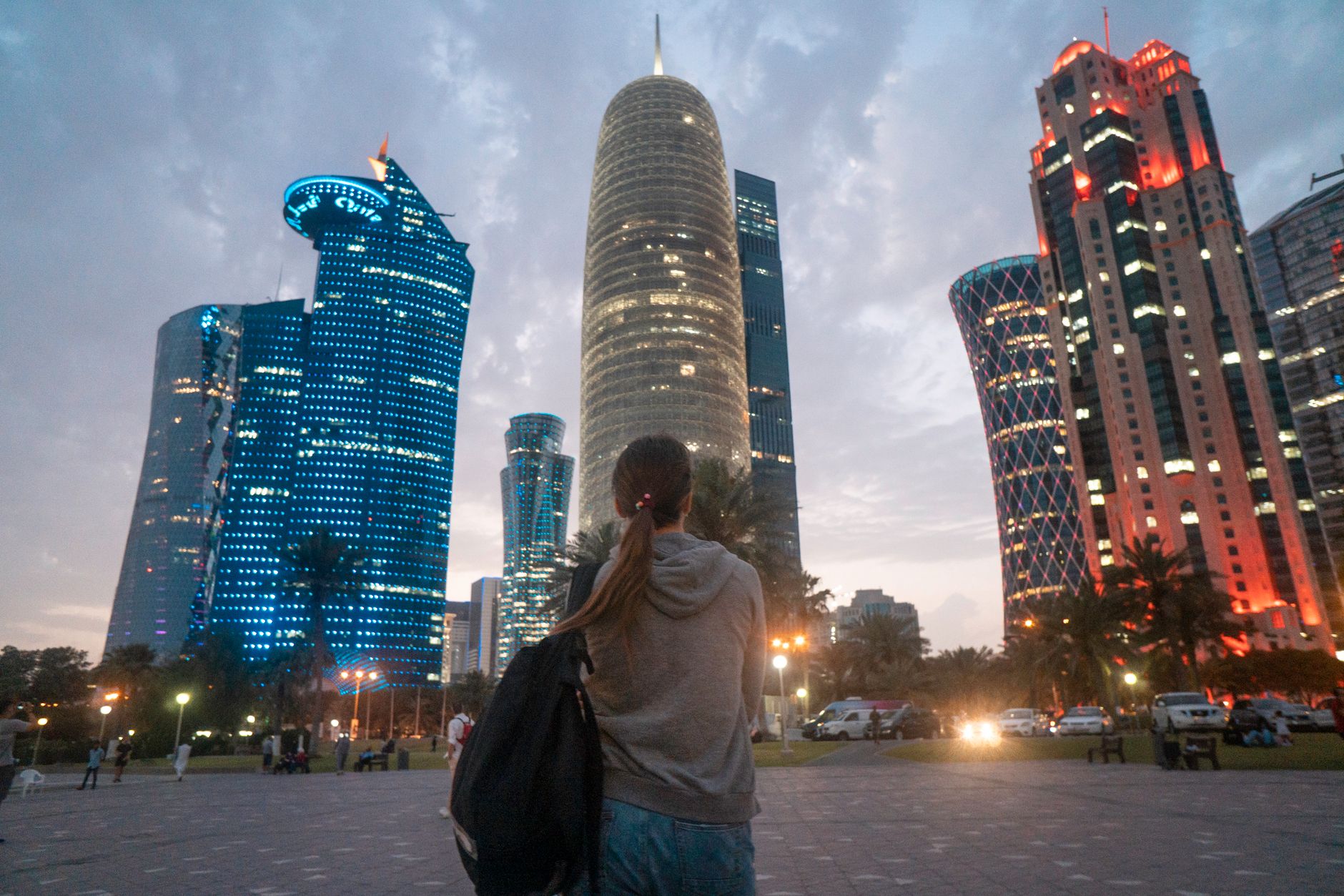 The West Bay skyline of Doha, Qatar, seen across the water