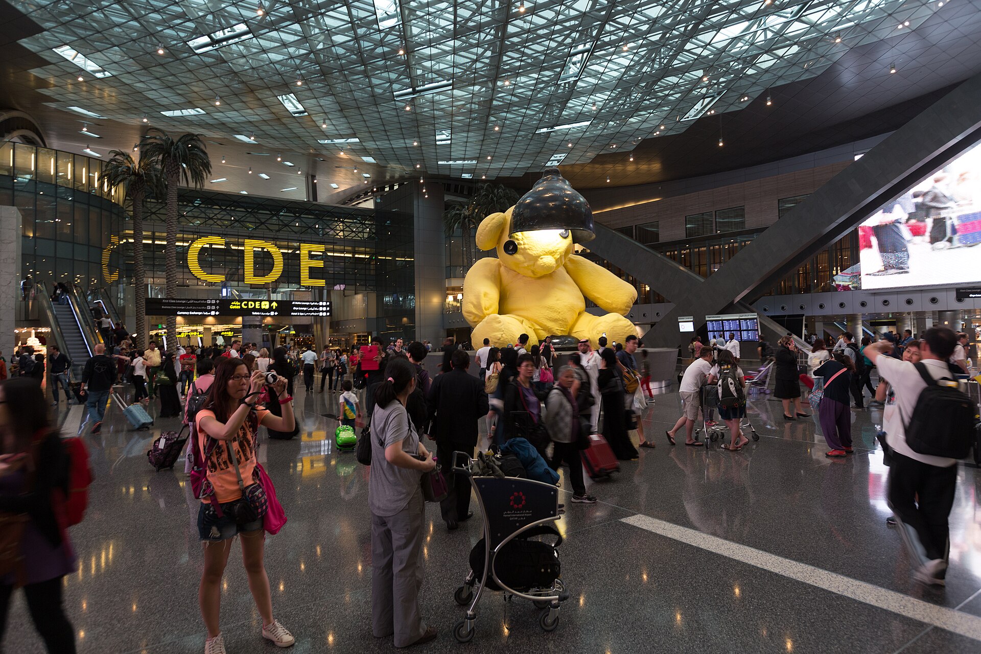 The giant Lamp Bear sculpture in the airside area of Hamad International Airport, Doha