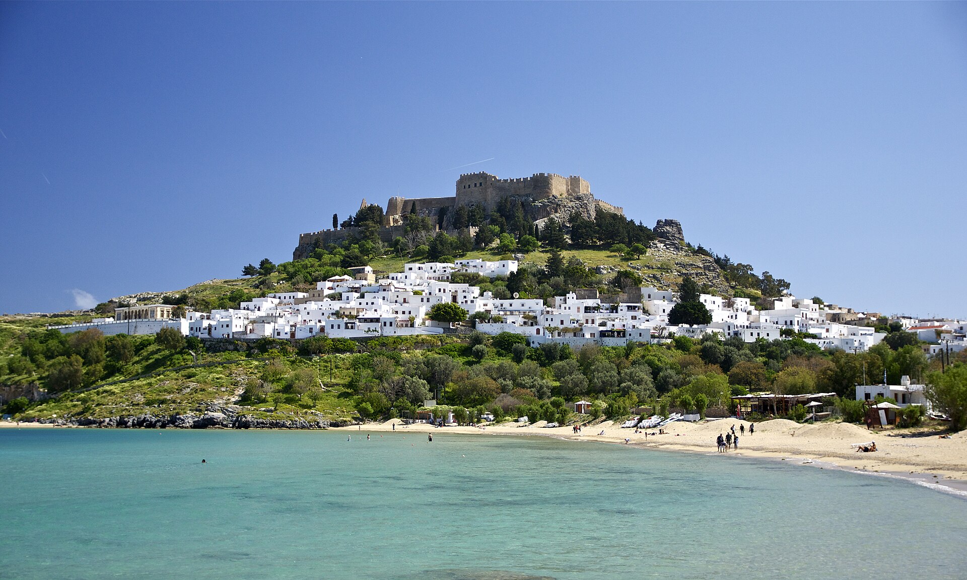 The acropolis of Lindos above the whitewashed village on Rhodes, Greece